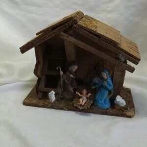 Vintage Christmas nativity scene made from barn wood with moss, approx 14 inches